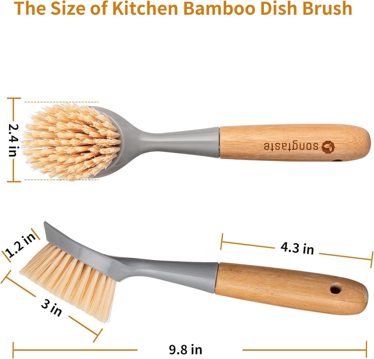 2 Pack Kitchen Dish Brush Bamboo Handle Dish Scrubber Built-in Scraper, Scrub Brush for Pans, Pots, Kitchen Sink Cleaning, Dishwashing and Cleaning Brushes are Perfect Cleaning Tools, White