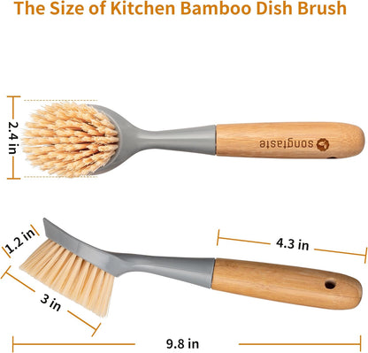 2 Pack Kitchen Dish Brush Bamboo Handle Dish Scrubber Built-in Scraper, Scrub Brush for Pans, Pots, Kitchen Sink Cleaning, Dishwashing and Cleaning Brushes are Perfect Cleaning Tools, White