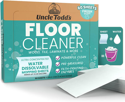 Uncle Todd's Ultra Concentrated Floor Cleaner For Mopping: 30 Natural, 100% Dissolvable Sheets for Mopping – Hardwood & Wood Floor Cleaner with Filth-Fighting Enzymes, Plastic-Free Packaging