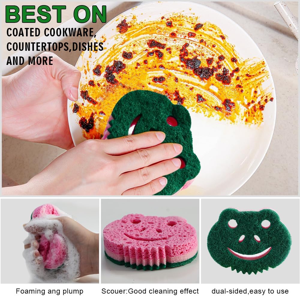 SmilePowo 12 Pack Scrub Sponge,Bulk Sponges,Dual-Sided Multi-Functional Premium Cleaning Sponges,Dishwashing Sponge for Heavy Duty Scouring Pads,Bathroom,Dish,Furniture,Kitchen(Frog Shape)