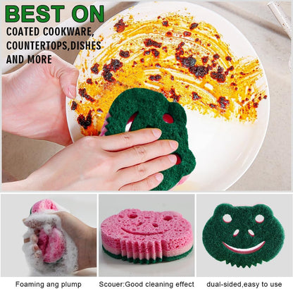SmilePowo 12 Pack Scrub Sponge,Bulk Sponges,Dual-Sided Multi-Functional Premium Cleaning Sponges,Dishwashing Sponge for Heavy Duty Scouring Pads,Bathroom,Dish,Furniture,Kitchen(Frog Shape)