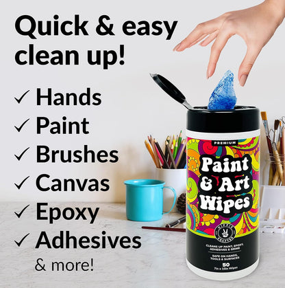 HIPPIE CRAFTER Paint and Art Wipes, 1 Pack (50 Piece) Heavy-Duty Cleaning Wipes for Paint, Epoxy, Glue, Latex & Acrylic Stains, Safe for Hands, Brushes, Plastic, Metal, Wood & Floors