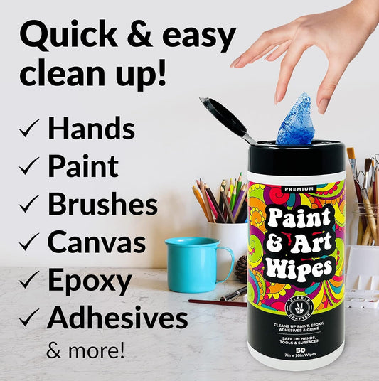 HIPPIE CRAFTER Paint and Art Wipes, 1 Pack (50 Piece) Heavy-Duty Cleaning Wipes for Paint, Epoxy, Glue, Latex & Acrylic Stains, Safe for Hands, Brushes, Plastic, Metal, Wood & Floors