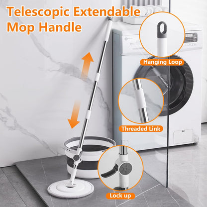 Spin Mop and Bucket Set ，2 Replaceable Microfiber Mop Pads，1 Magic Sponge Eraser pad for Deep-Cleaning Mops for Floors (Mop Set, 10" Mop-Head)