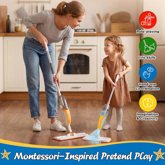 Kids Spray Mop Toy - Real Working Toddler Cleaning Set with 420ML Water Bottle, Scraper & 2 Washable Pads, Montessori Housekeeping Cleaning Toy for Pretend Play