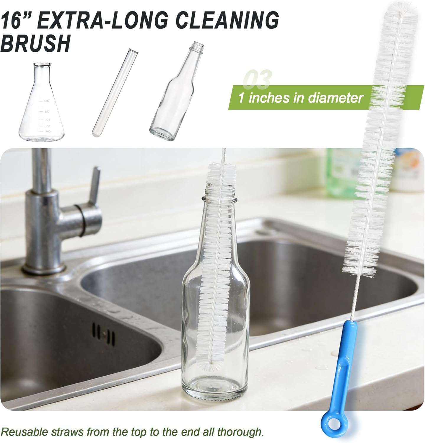9Pcs Bottle Cleaning Brush Set with Long Handle, Nylon Tube Brush Cup Cleaner, Straw Brushes for Washing Narrow Neck Water Bottle Pipes Kettle Spout Cleaning