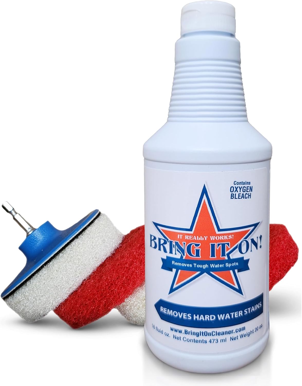 Bring It On Cleaner Hard Water Stain Remover 16 oz | Glass, Soap Scum Remover for Shower Glass, Fiberglass, Windows, Tile and Grout Cleaner, and Includes Scrubbing Drill Pads