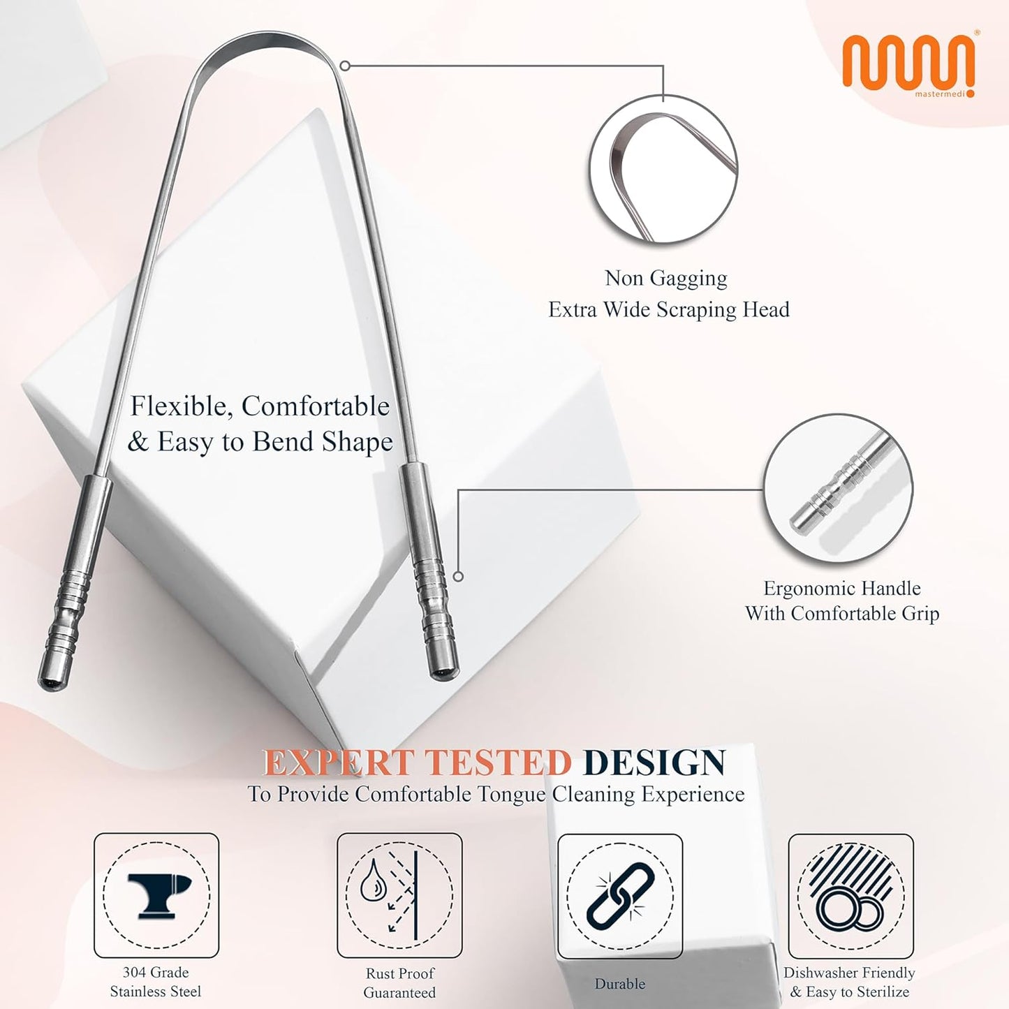 MasterMedi Tongue Scraper for Adults, 100% Stainless Steel Tongue Scrubber for Bad Breath, Easy to Use, Tongue Cleaner for Oral Care & Hygiene (SS Uni|Pack of 2)