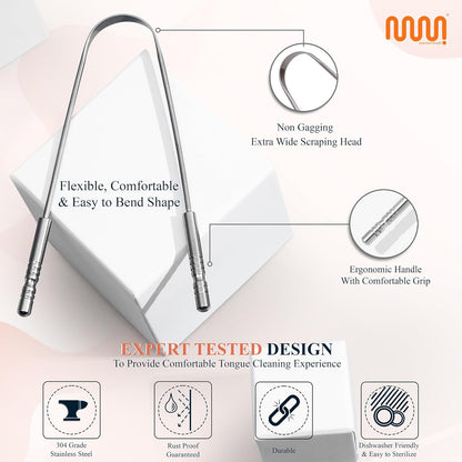 MasterMedi Tongue Scraper for Adults, 100% Stainless Steel Tongue Scrubber for Bad Breath, Easy to Use, Tongue Cleaner for Oral Care & Hygiene (SS Uni|Pack of 2)