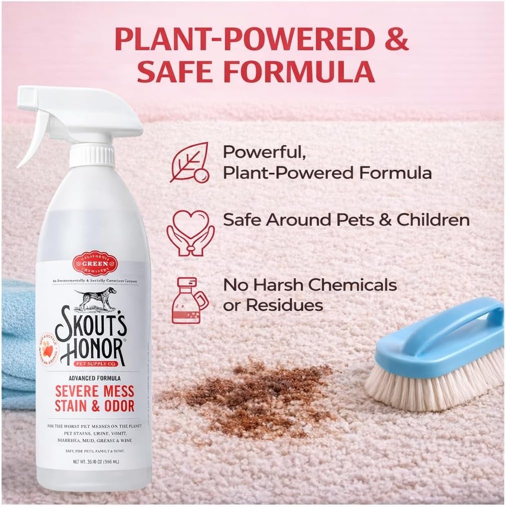 SKOUT'S HONOR Severe Mess Stain & Odor Eliminator, Powerful Stain Remover and Carpet Cleaner for Tough Dog Messes, Eco-Friendly Carpet Deodorizer, Cleaning Spray and Poop Spray, 35 oz