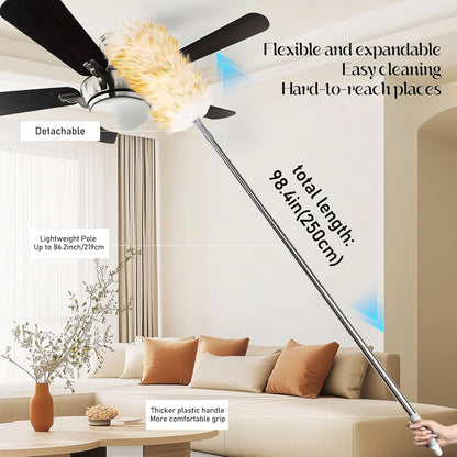 Lambswool Duster for Cleaning with Solid Wooden Handle Leather Hang Strap 87.8" Removable Retractable Feather Duster for Cleaning Ceiling Fans Window Blinds Interior Roof Furniture(2 Pack)