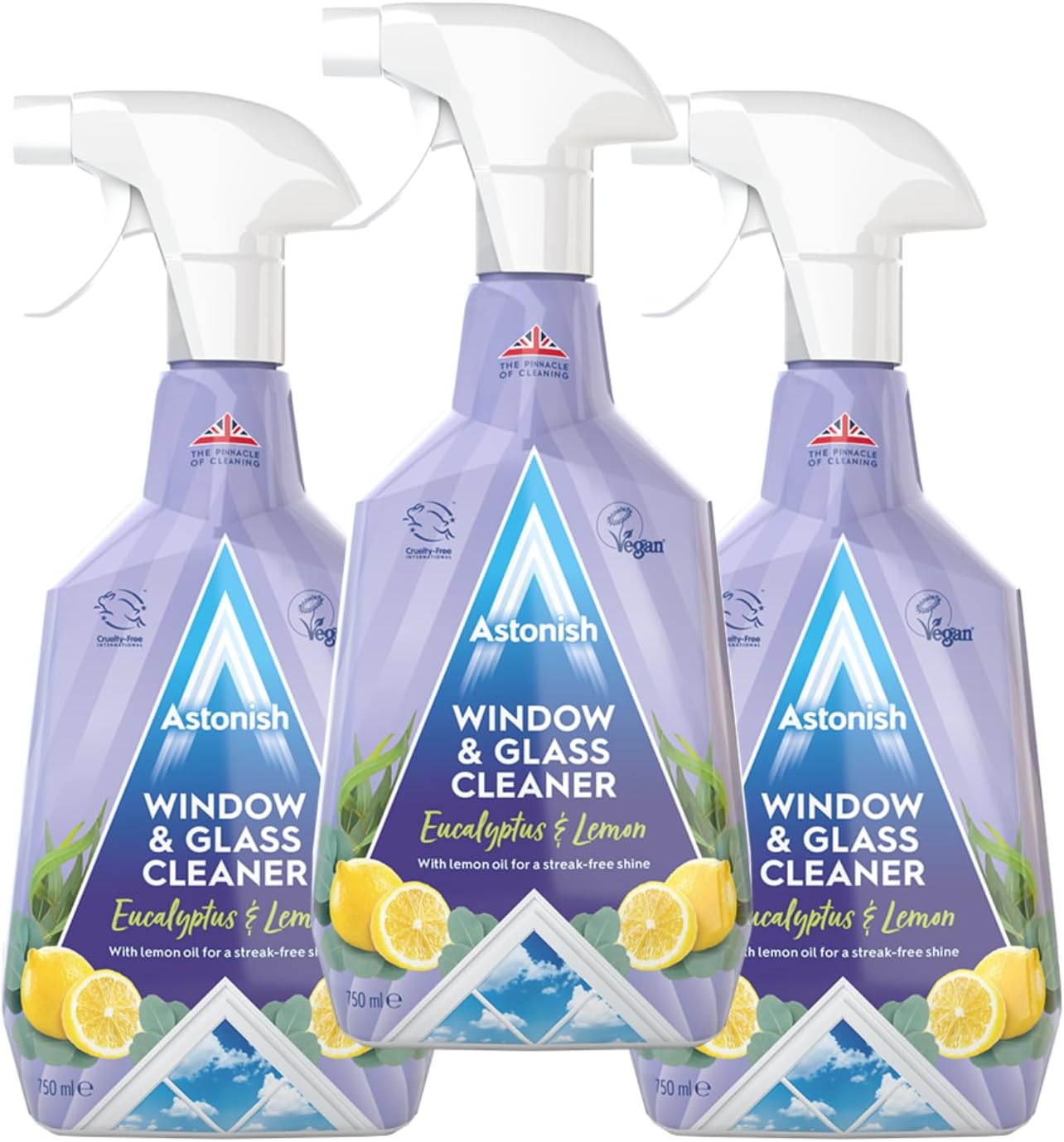 Astonish Streak Free Window & Glass Cleaner Spray Bottle With Vinegar For Deep Cleaning - Eucalyptus & Lemon Scented Home And Bathroom Cleaner - Vegan Cruelty Free Household Cleaning Supplies, 750ml