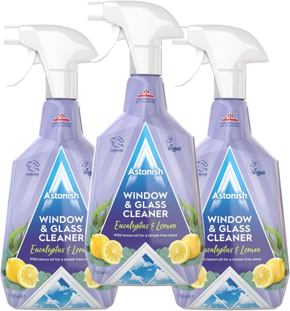 Astonish Streak Free Window & Glass Cleaner Spray Bottle With Vinegar For Deep Cleaning - Eucalyptus & Lemon Scented Home And Bathroom Cleaner - Vegan Cruelty Free Household Cleaning Supplies, 750ml