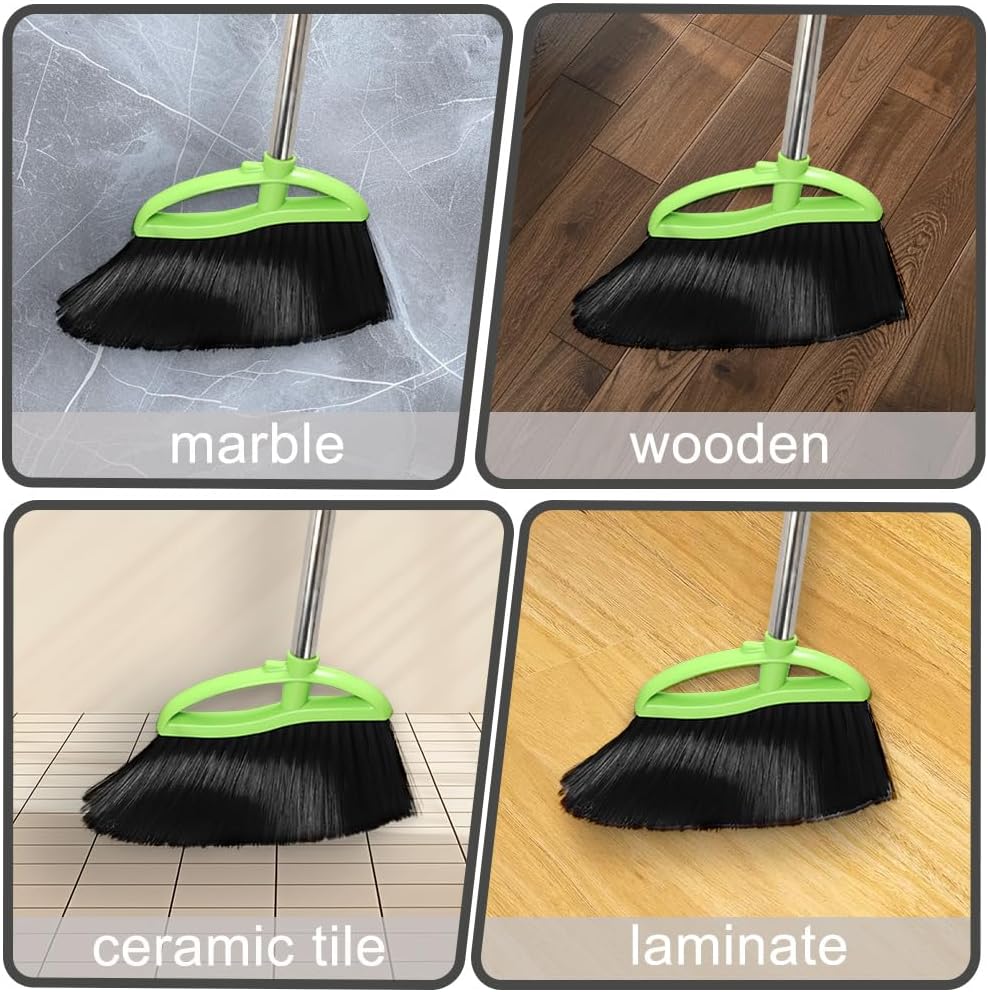Soft Bristles Green Angle Broom and Dustpan Set, Long Handle Household Indoor Broom with Dustpan Combo Set for Room Kitchen Lobby Office Hardwood Floor Sweeping Floor Cleaning