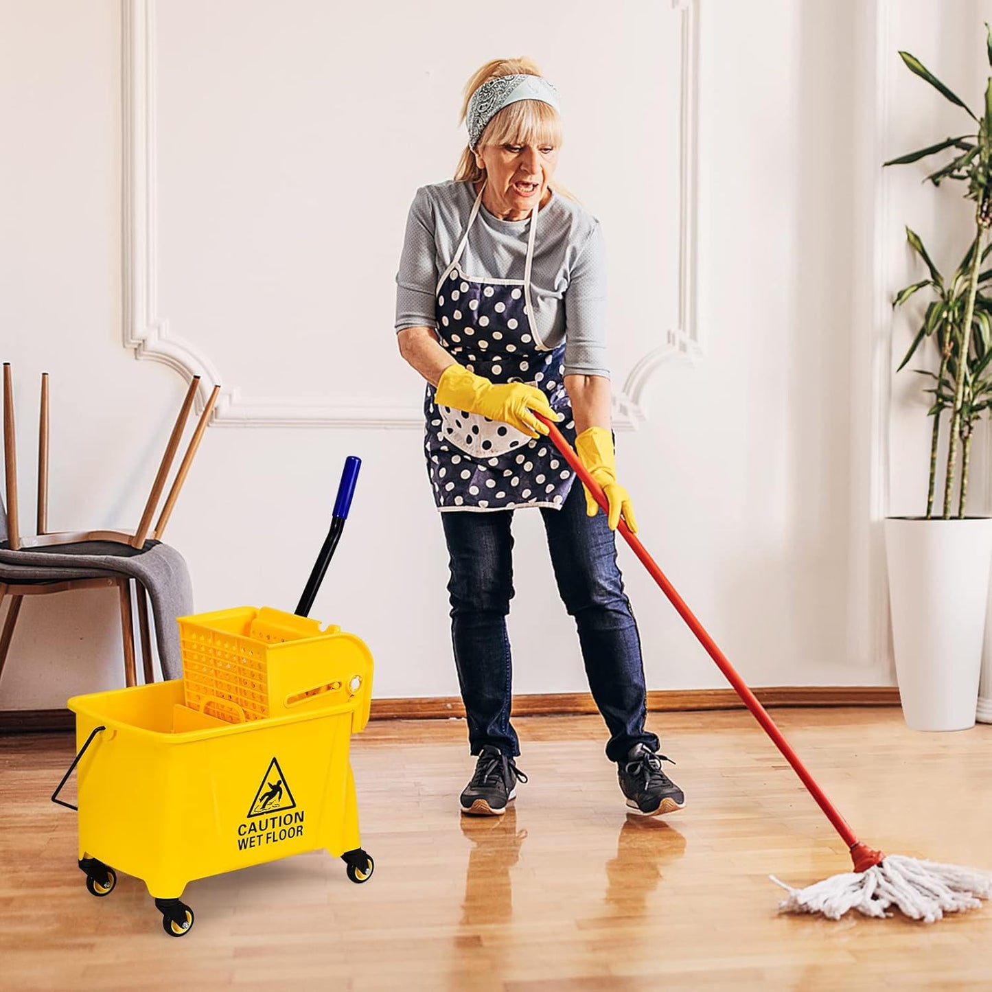 ARLIME Mop and Bucket Set with Wringer On Wheels, 21 Quart Capacity Portable Wringer Trolley on Wheels, Side Press Floor Cleaning Wavebrake w/Handle, Mop Bucket for Home, Commercial, Restaurants