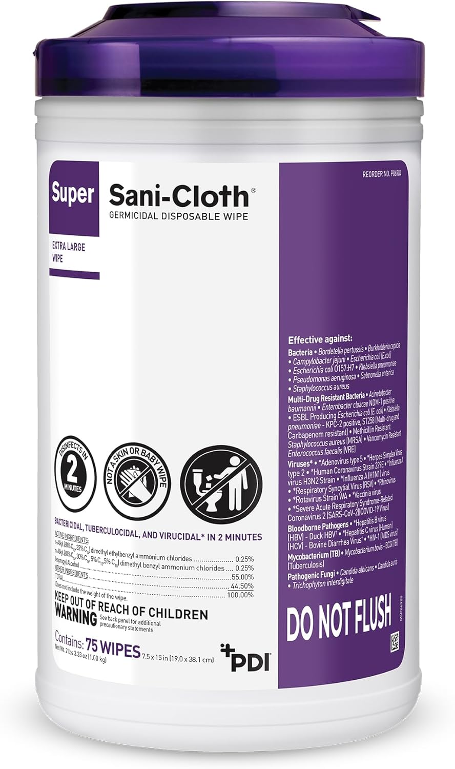 Super Sani- Cloth Germicidal Disposable Wipe, X-Large 5'' x 8'' Wipe, Pop Up Dispenser of 65