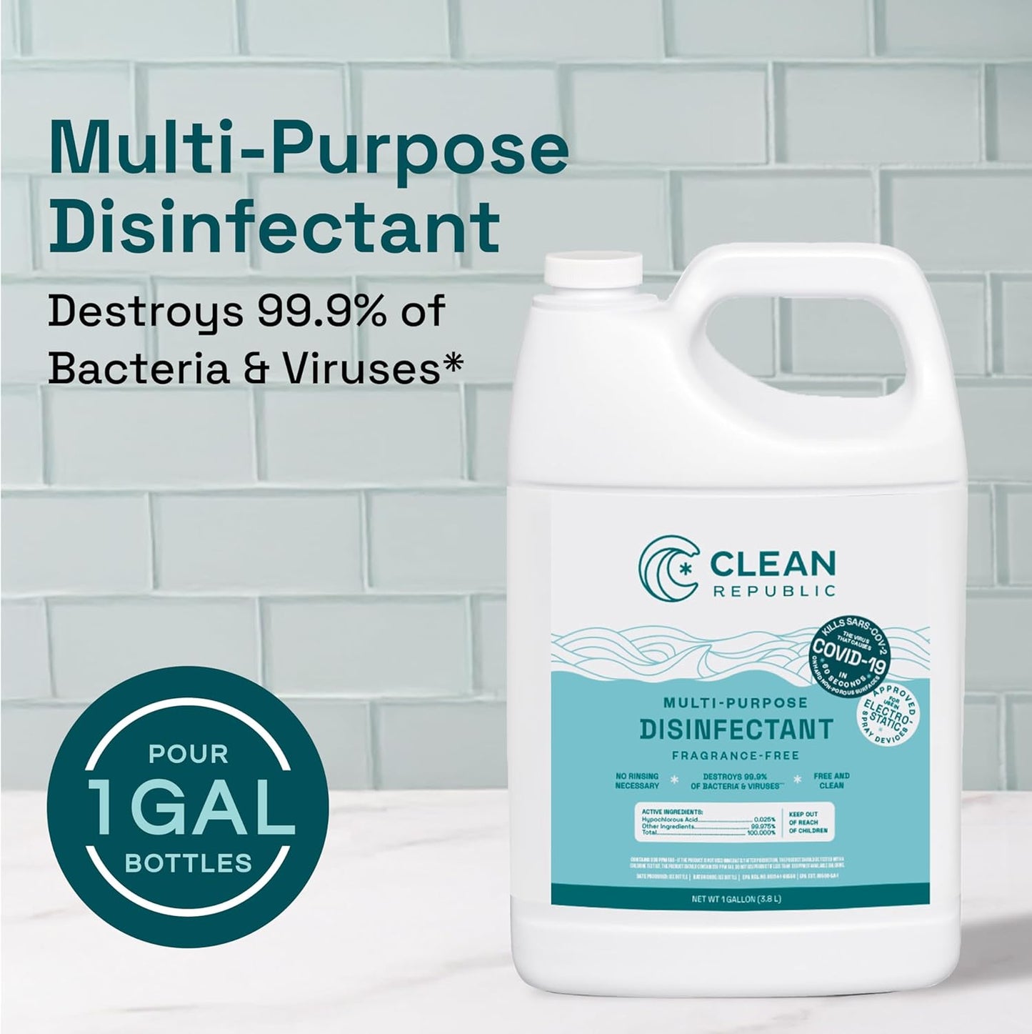 Clean Republic Multi-Purpose Disinfectant, Hypochlorous Acid Cleaning Spray, 32 Fluid Ounce Bottle, 2-Pack