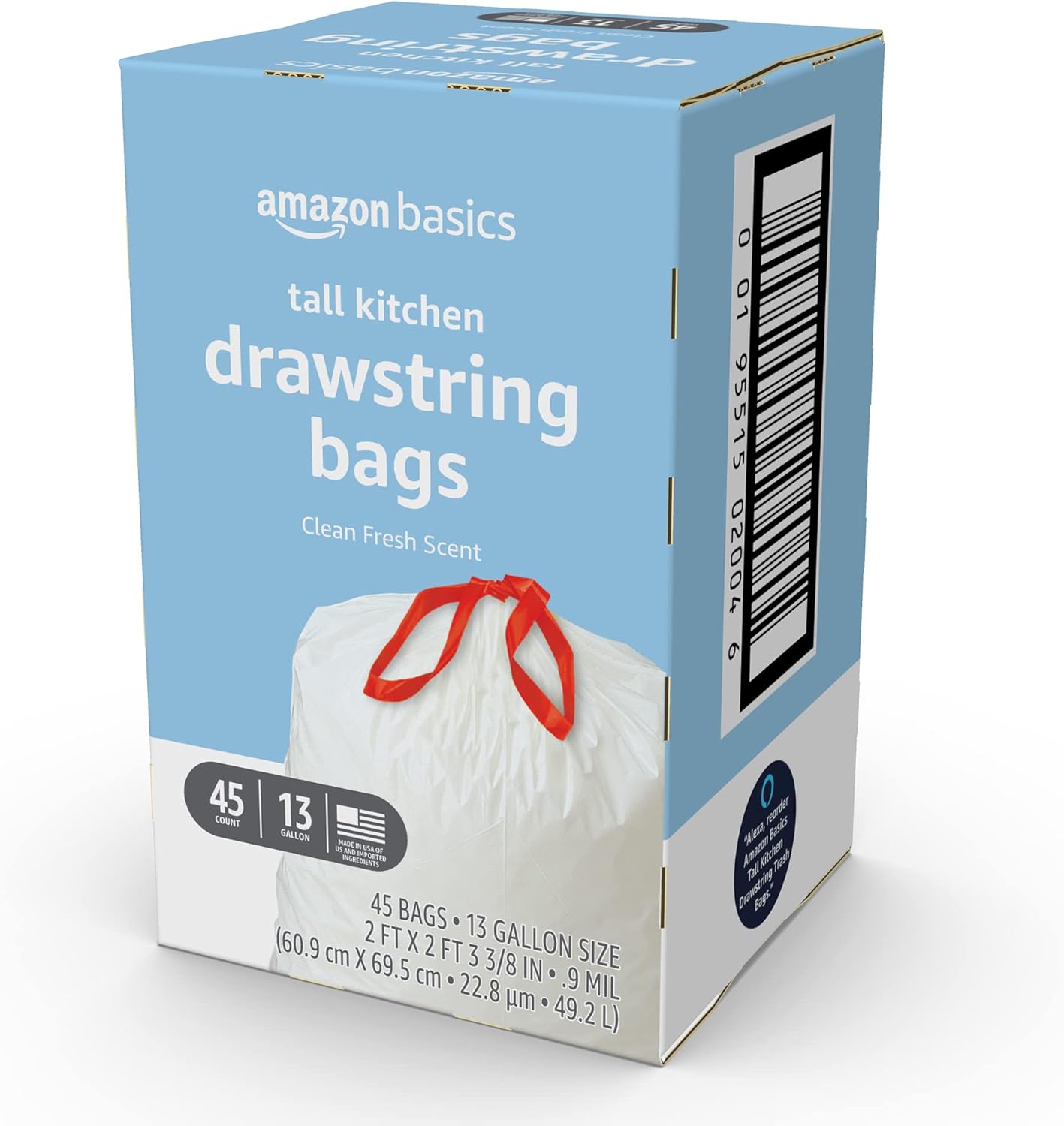 Amazon Basics Scented Trash Bags, Tall Kitchen Drawstring, Clean Fresh Scent, 13 Gallon, 200 Count, Pack of 1