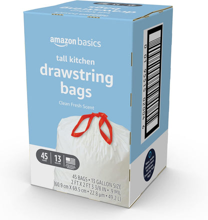 Amazon Basics Scented Trash Bags, Tall Kitchen Drawstring, Clean Fresh Scent, 13 Gallon, 200 Count, Pack of 1