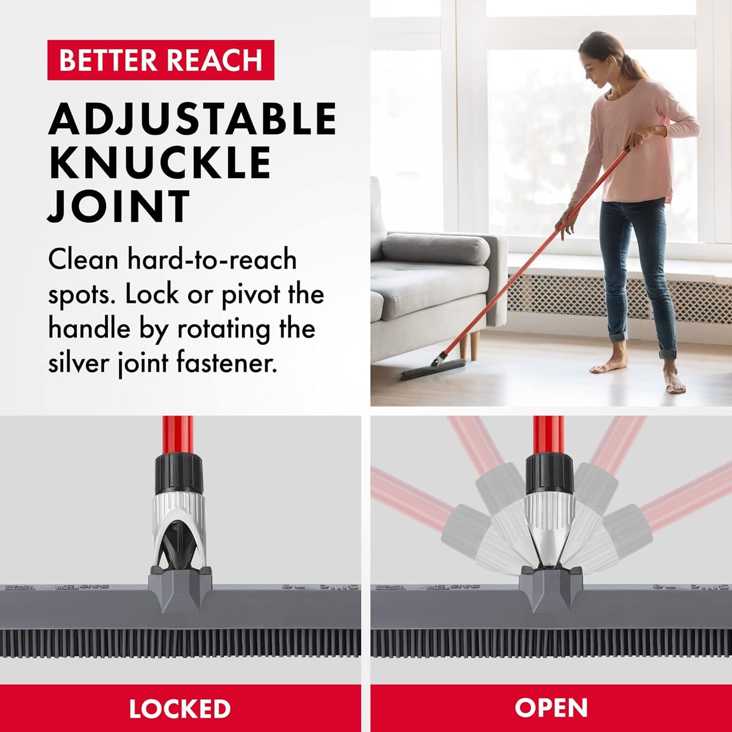 2-in-1 Silicone Rubber Broom Carpet Rake and Squeegee - Swivel Pet Hair Removal Broom with Long Handle - Slanted Side Bristles for Corners - Multipurpose Rubber Broom for Carpet, Hardwood Floor, Tile