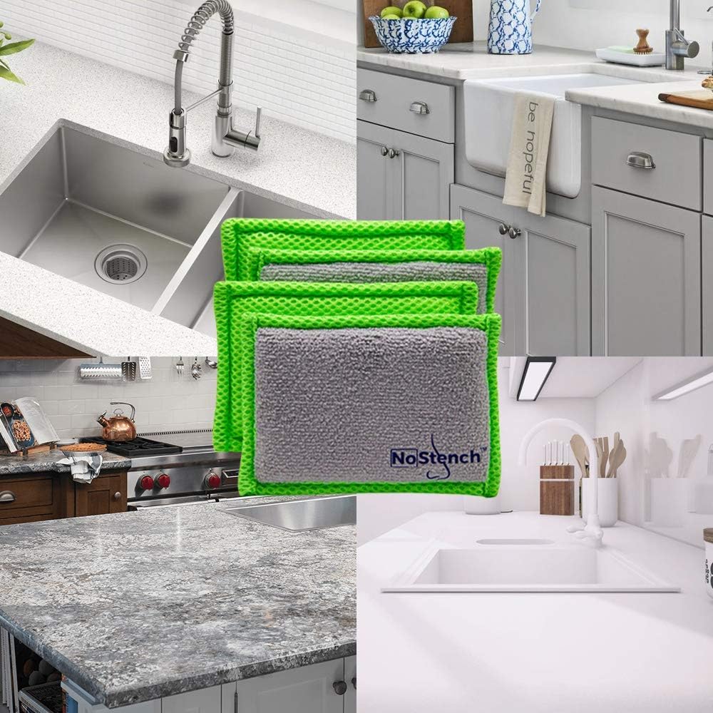 NoStench Kitchen Sponge | Odor Resistant, Non-Scratch Microfiber Mesh & Terry Cloth Sponge, Long Lasting Odor Protection | Durable, 4 Pack