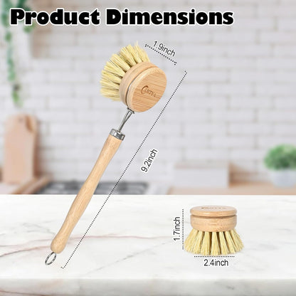 Bamboo Dish Brush with Handle - Soft Bristle, Non Toxic Dish Scrubber Compostable & Sustainable Bamboo Scrub Brush for Dishes, Pots and Pans