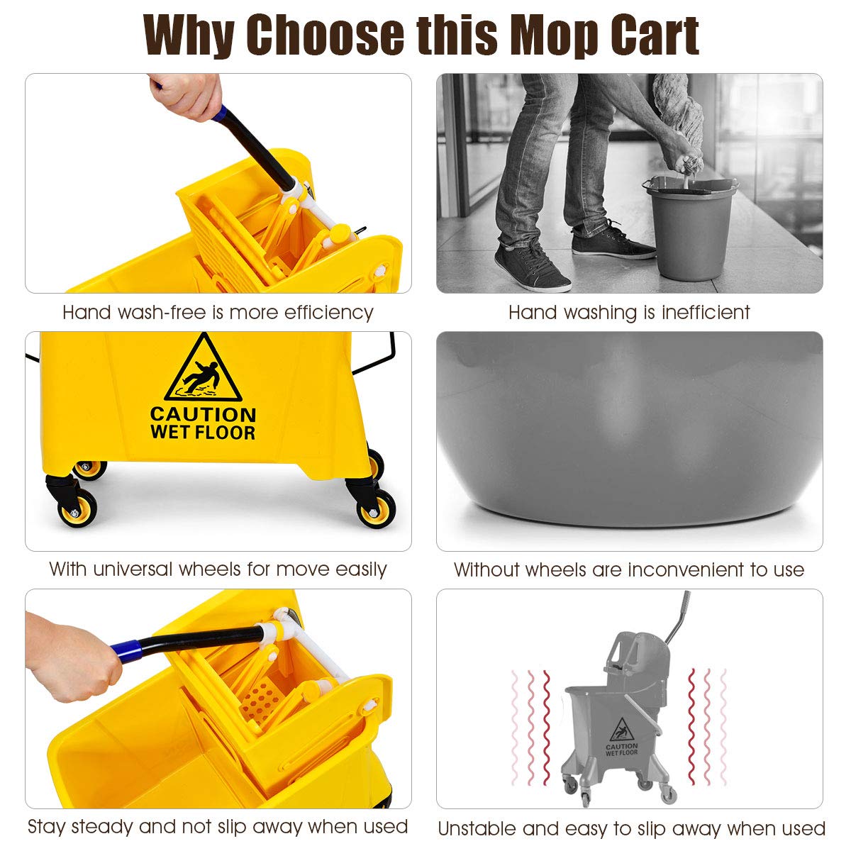 Goplus Commercial Mop Bucket with Wringer, Household Portable Mop Bucket, Ideal for Household and Public Places Floor, 21 Quart Capacity, Yellow (21 Quart)