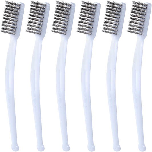 6pcs Mini Stainless Steel Wire Brushes, Small Wire Scratch Brushes with Non-Slip Handle, Bristle Scrubber Rust Removal Tools for Cleaning Kitchen Steel Part Paint Stains Welding- White