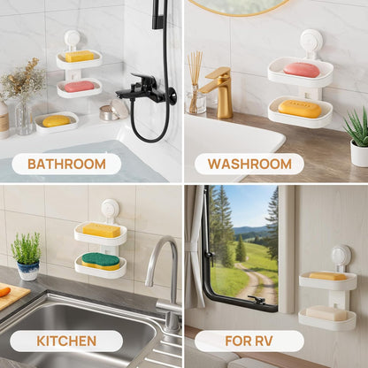 LEVERLOC Soap Holder Shower with Hooks, Bar Suction Cup Soap Dish Tray for Wall, Rust-Proof Stainless Steel Sponge Caddy for Bathroom Accessories Organizer Bathtub Kitchen Sink, Black