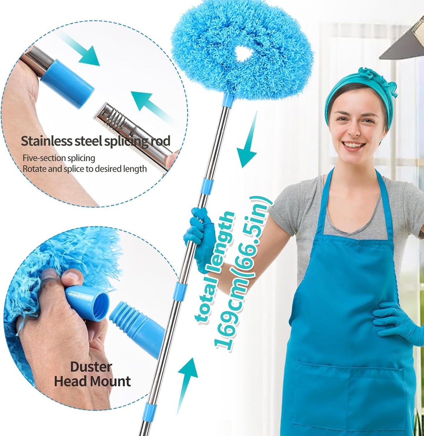 Rainbow Extendable Static Duster Reusable Microfiber Duster with 100" Telescoping Pole, Beandable and Washable Dusters Head for Cleaning Ceiling, Fan, Furniture