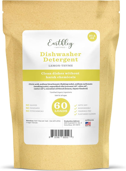 Earthley Wellness, Dishwasher Detergent, Eco-Friendly, Pure, Certified Organic Dish Detergent (60 Loads, Unscented)