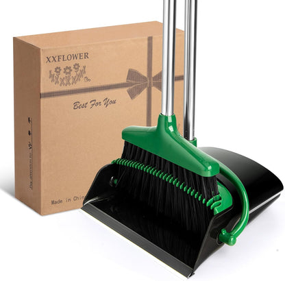 Broom and Dustpan Set with Long Handle, Light Weight Stainless Steel Poles Stand Upright Dustpans with Broom Combo for Home Kitchen Office Pet Dog Hair, 1-Pack (Purple)