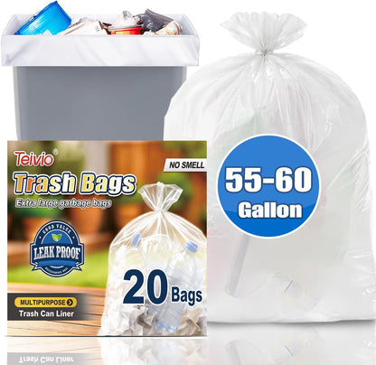 Teivio Large Clear Trash Bags 55-60 Gallon 20 Counts Fit 50,55,60,Gal All Purpose Garbage Bags, Extra Large Lawn and Leaf Bags Outdoor Trash Can Liner, Drum Liners, Workshops, Backyard
