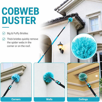 High Ceiling Duster Kit with 3-8FT Heavy Duty Extension Pole, Reaches Up to 13FT, Includes Microfiber Feather Duster, Cobweb and Ceiling Fan Duster, Window Squeegee Cleaner & Skylight Hook (8FT)