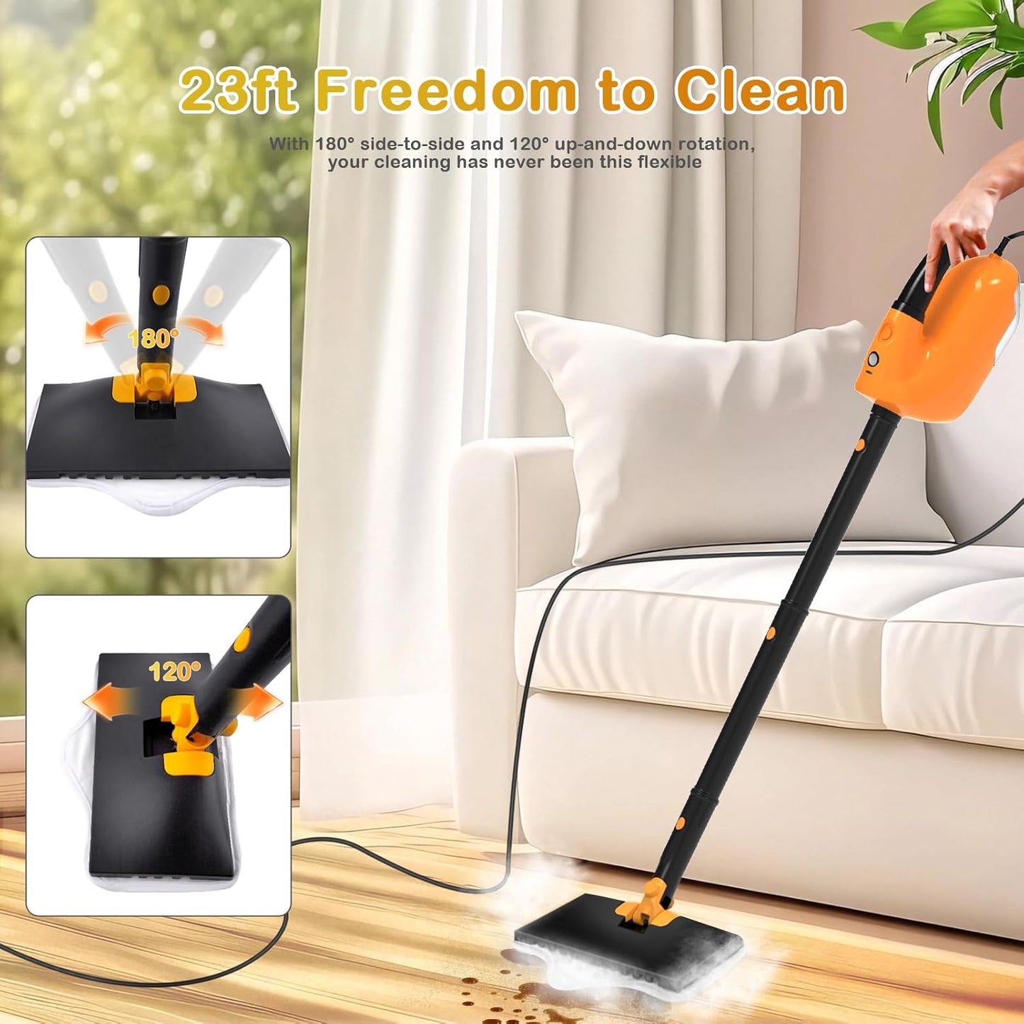 GHORA Steam Mop, All-in-one Handheld Steam Cleaner with 13 Attachments, 23FT Cord, 11.83OZ Removable Tank, Adjustable Height Steam Mops for Floor Cleaning, Hardwood Floors, Carpets, Tiles, Windows