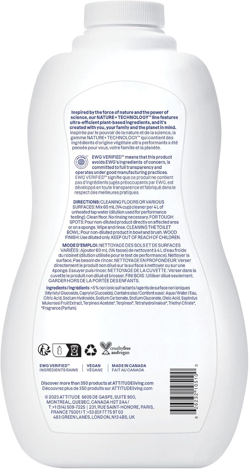 ATTITUDE Floor Cleaner, EWG Verified, Streak-Free, Vegan & Plant-Based for Tile, Wood & Laminate Floors, Citrus Zest Scent, 35.2 Fl Oz