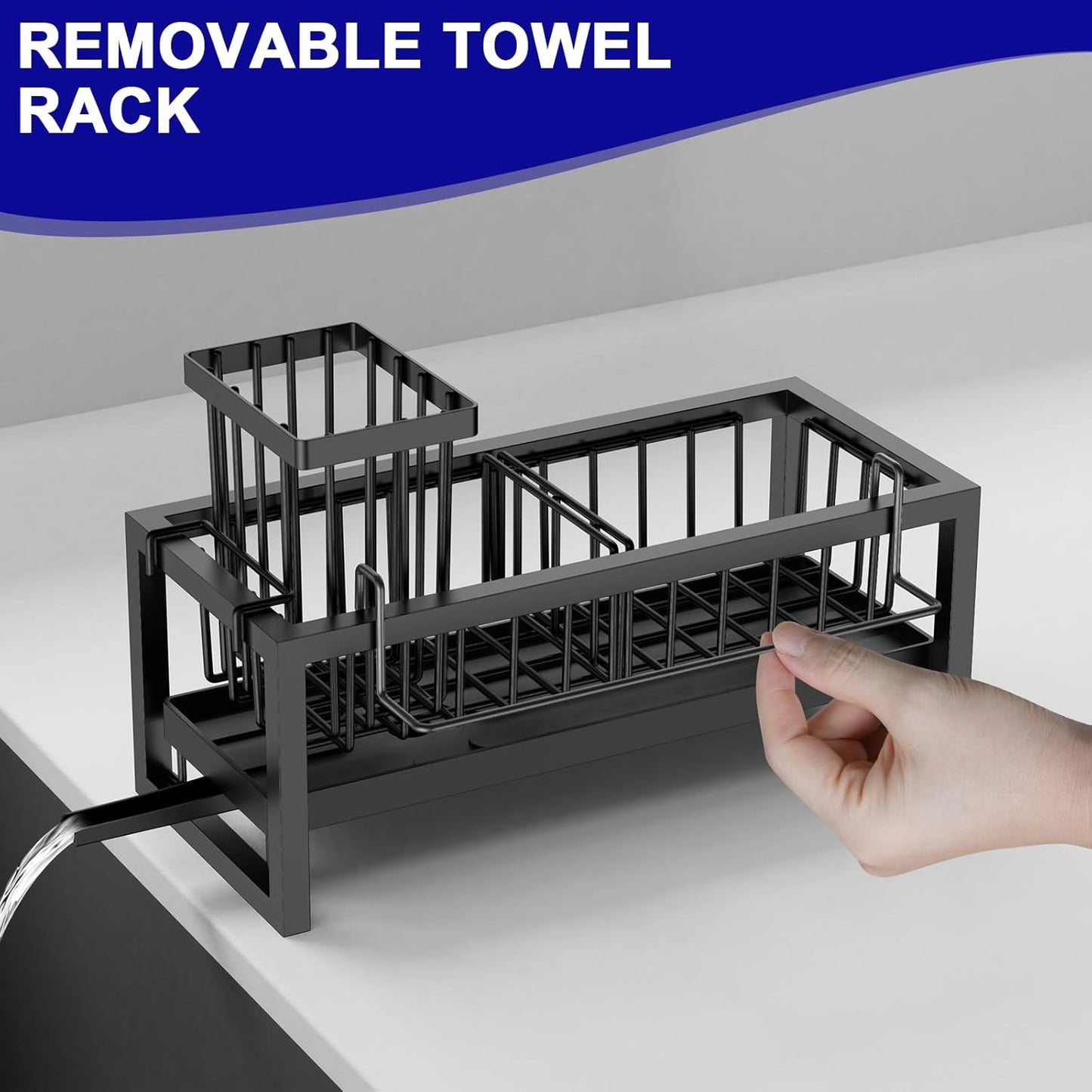 Bntuk Kitchen Sink Caddy Organzier with Towel and Brush Holder, Self-Draining Sponge Holder Caddy for Soap, Scrubber, Towel, Brush, Apartment RV Essential(Black)