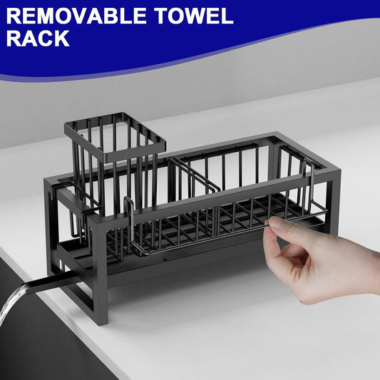 Bntuk Kitchen Sink Caddy Organzier with Towel and Brush Holder, Self-Draining Sponge Holder Caddy for Soap, Scrubber, Towel, Brush, Apartment RV Essential(Black)