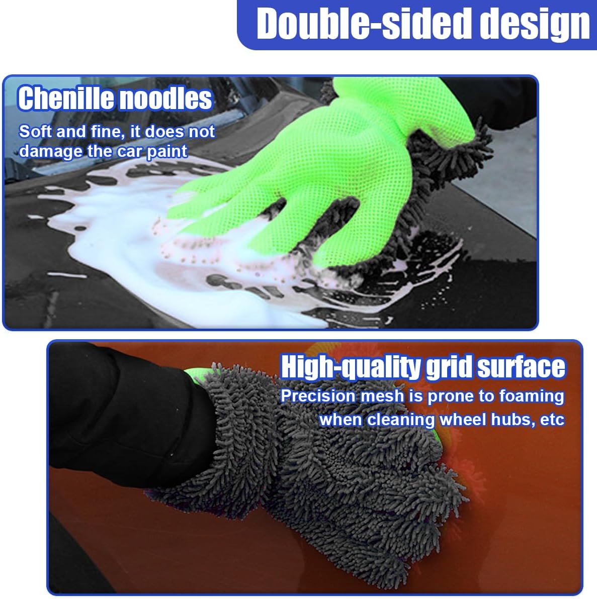2PCS Car Wash Mitts, Double Sided Chenille Microfiber Dusting Gloves with 5-Finger Design, Anti-Scratch Auto Interior Exterior Detailing Mitt for Cleaning Wheel Tight Spot (Purple)