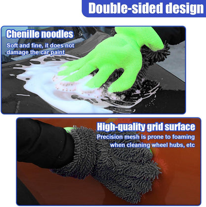 2PCS Car Wash Mitts, Double Sided Chenille Microfiber Dusting Gloves with 5-Finger Design, Anti-Scratch Auto Interior Exterior Detailing Mitt for Cleaning Wheel Tight Spot (Purple)