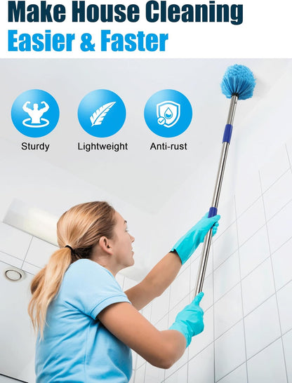 Cobweb Duster with Extension Pole, 8 ft Spider Web Brush for Outdoor House Cleaning, Cob Web Remover for High Ceilings Fans, Medium-Stiff Bristles Round Head, Steel Long Handle, Lightweight Cleaner