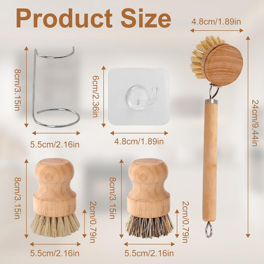 Bamboo Dish Brush Set, Natural Wooden Handle Dish Scrubber with 2PCS Mini Palm Brushes & Holders, Kitchen Brush with 1 Adhesive Hook for Pan Pots Dishes Vegetable