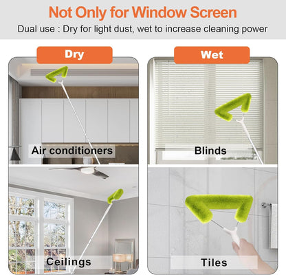 Window Screen Cleaning Brush with 62in Extension Pole, Innovative Fibre Mesh Screen Cleaner for Window Mesh, Patio Screens, Screen Doors, Pool Cage & Fence - Dry or Wet Use