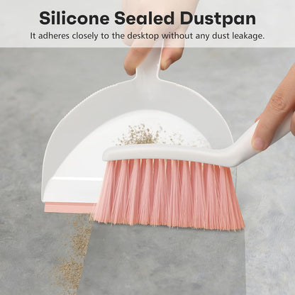 NACENA Mini Broom and Dustpan Set, Small Dust Pan and Brush Set with Handle Dustpan Teeth for Cleaning Hair Suitable for Office Desks Drawers Sofas Outdoor Camping, Light & Purple
