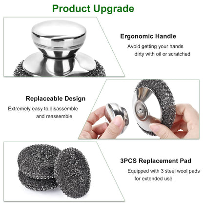 4PCS Steel Wool Scrubber Pads, Stainless Steel Scrubber Set with 3Pcs Steel Wool Pads, Steel Scrubber for Dishes, Ideal for Cleaning Cast Iron, Pots, Pans, Grills, Stoves, Sink, Kitchen Household
