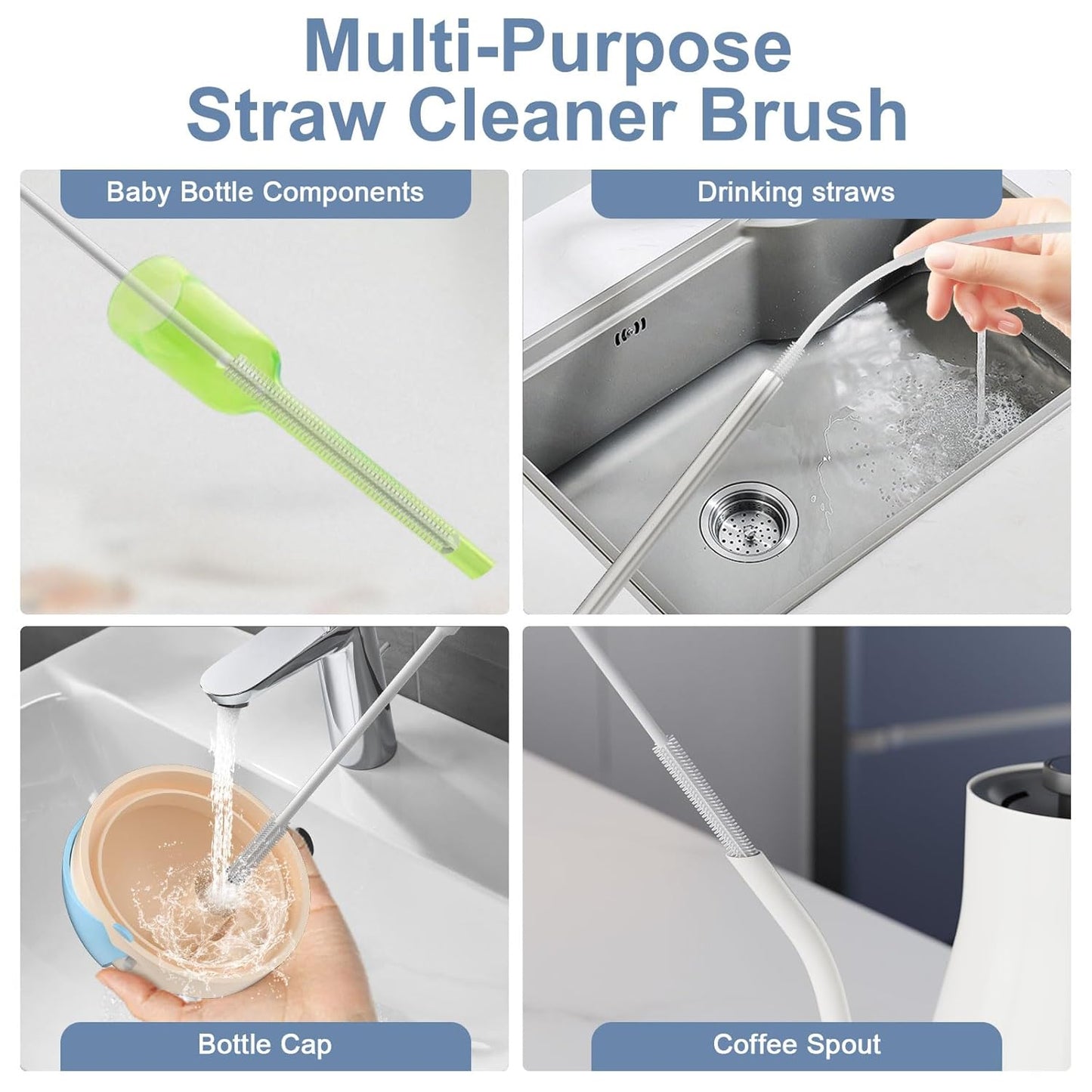 Reusable Silicone Straw Cleaner Brush Set, 2-Pack Extra Long Straw Cleaning Brush for Metal Glass Water Bottle Drinking Straws, Flexible&Bendable Design, Dishwasher Safe, 6mm & 8mm Diameter