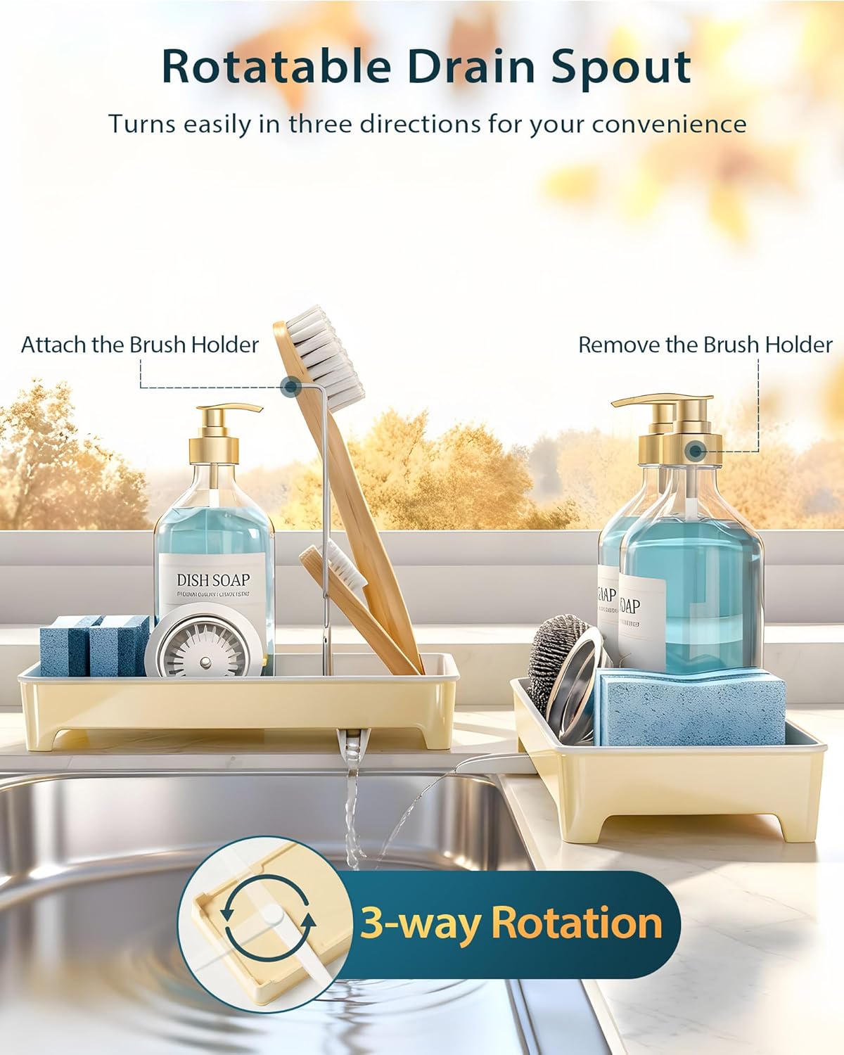 Minimalist Sink Caddy, Rustproof Sponge Holder for Kitchen Sink with 304 Stainless-Steel Brush Holder, Countertop Rack Organizer with Raised Ridges & Silicone Drain Tube (Mint Green, Large)