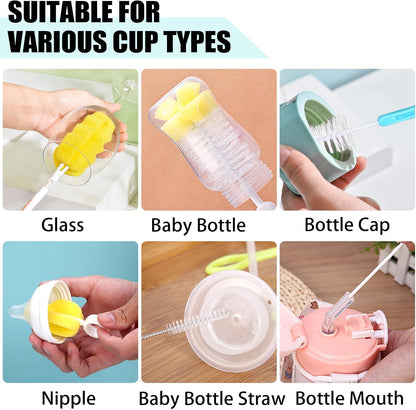 Baby Bottle Cleaning Brush 6-Piece Set Detachable Sponge Bottle Brush, Nylon Milk Bottle Brush, 2PCS Nipple Brush, 2PCS Straw Brush (Pink)