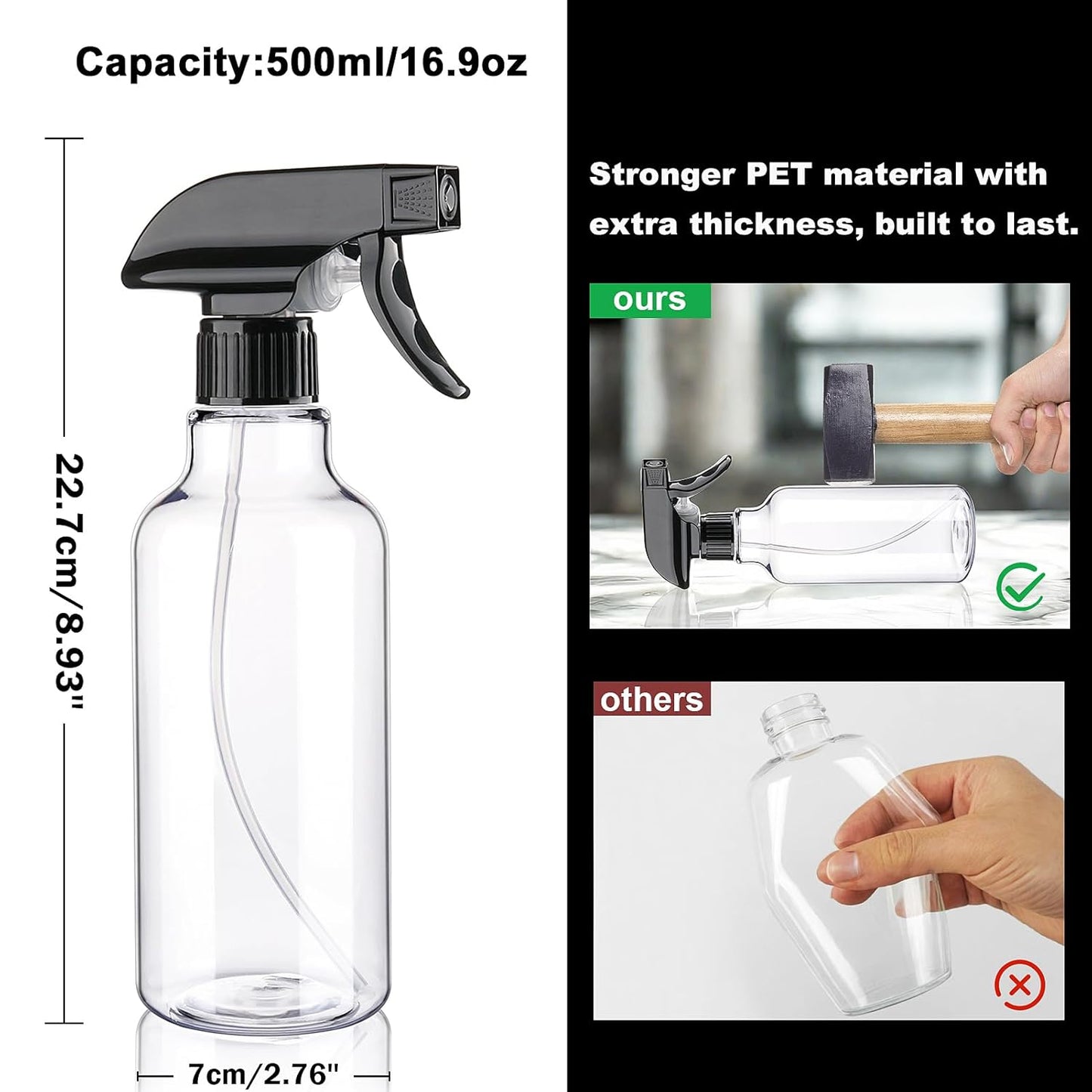 Plastic Spray Bottles Empty Spray Bottle 16.9oz/500ml 2 Pack Heavy Duty Spraying Bottles Mist/Stream Water Bottle for Cleaning Solutions, Essential Oils, Hair (Clear)