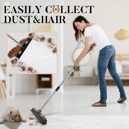 Pet Carpet Hair Rubber Broom with 49inch Long Handle, Portable Detailing Lint Remover, Soft Push Broom for Fluff Carpet, Hardwood, Tile, Window